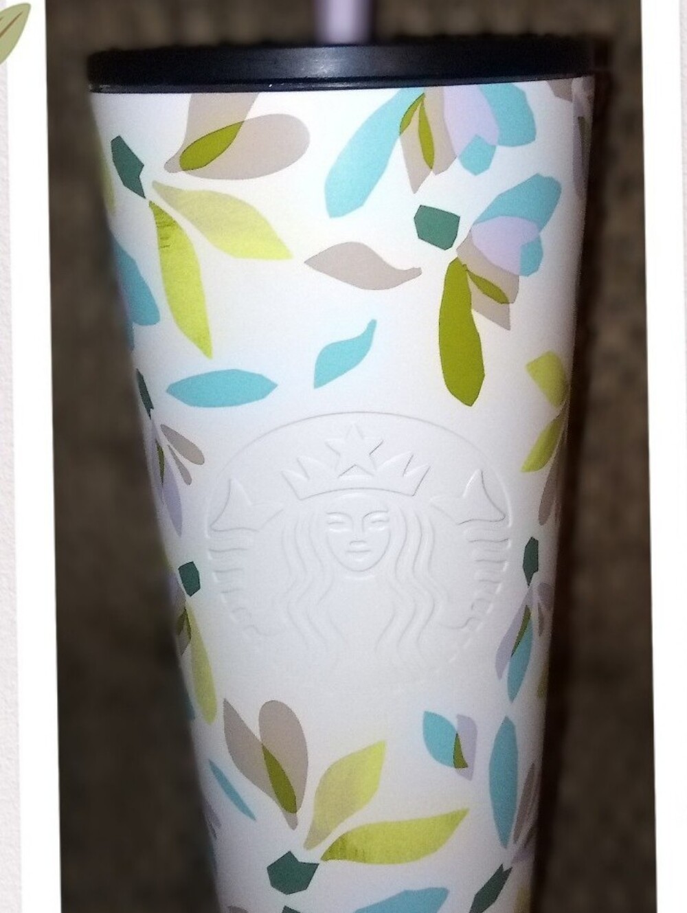 Starbucks Venti ~ White Floral Stainless Cold Cup Tumbler